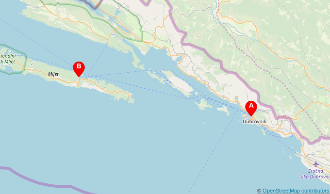 Map of ferry route between Dubrovnik and Sobra (Mljet)